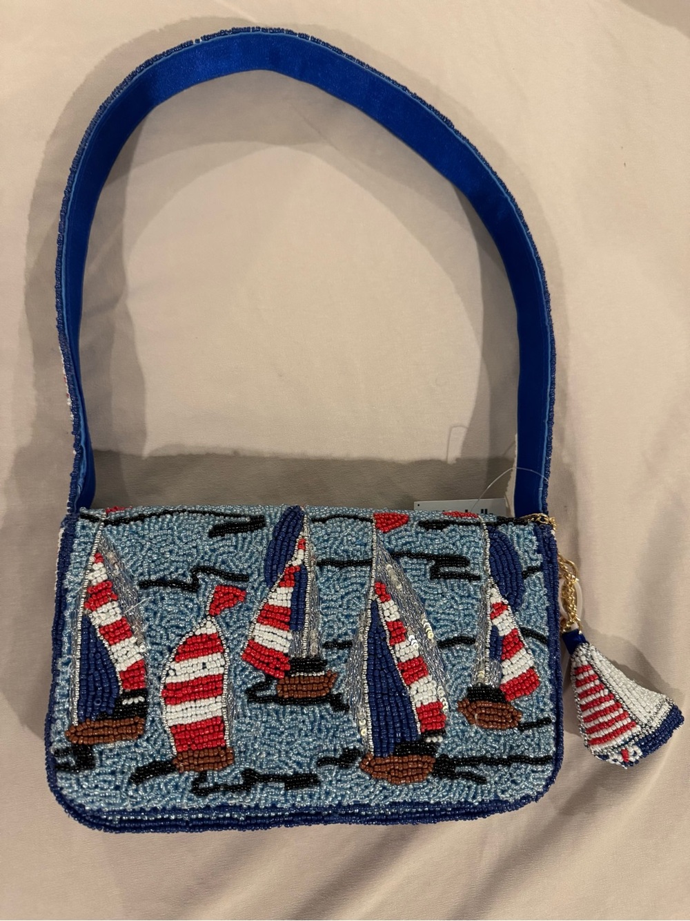 Beaded Sailboat Shoulder Bag in Light Blue Made in India